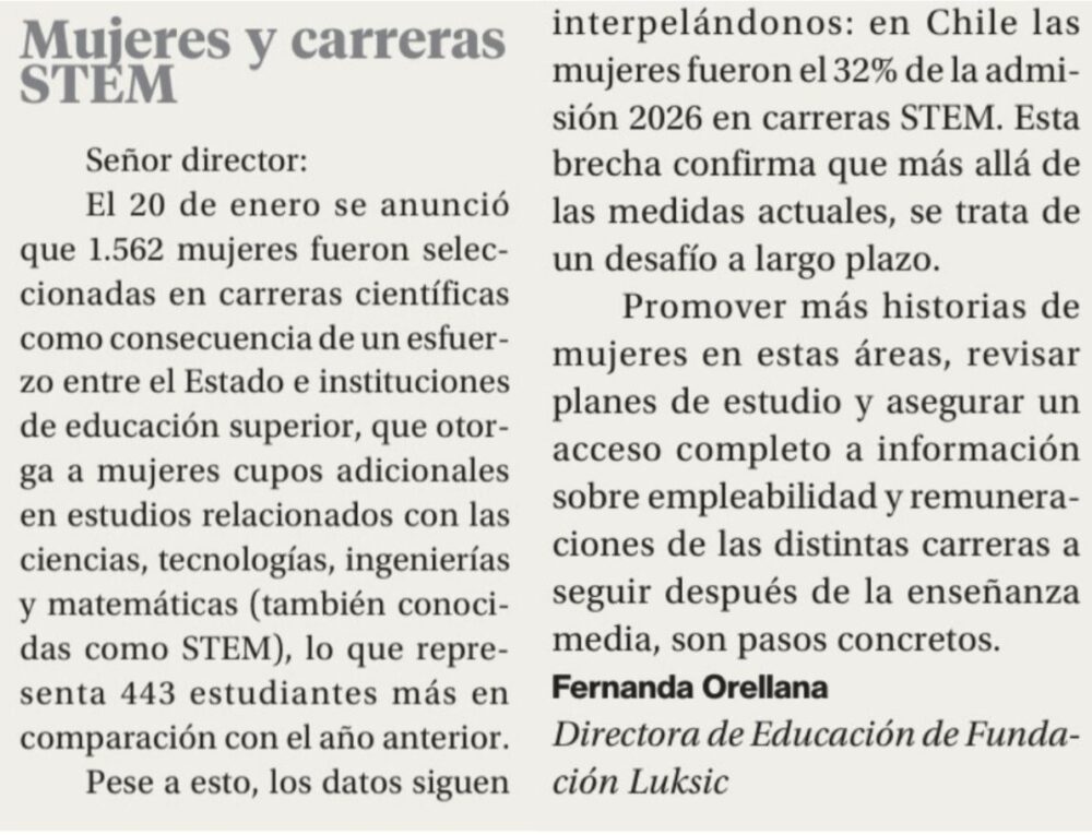 *Carta publicada en diario La Segunda el miércoles 11 de febrero, el día internacional de la Niña y la Mujer en la ciencia.